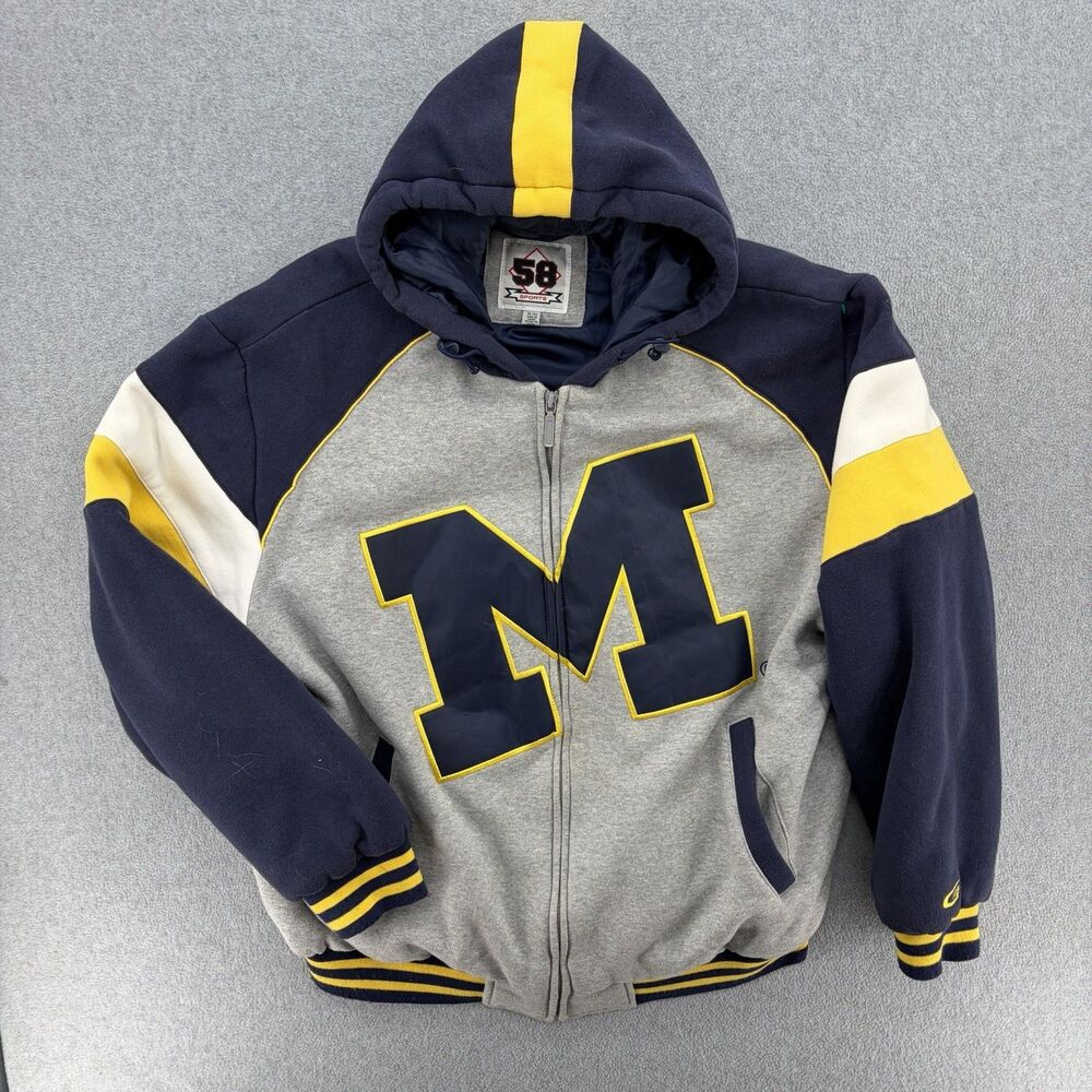 Vintage Michigan Wolverines 58 Sports Hooded Varsity Jacket XL Big M Full Zip